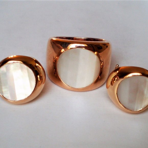 Designer 18K 750 Rose Pink Gold Carved Mother Of Pearl Omega Back Earrings 10.8g - Picture 9 of 12